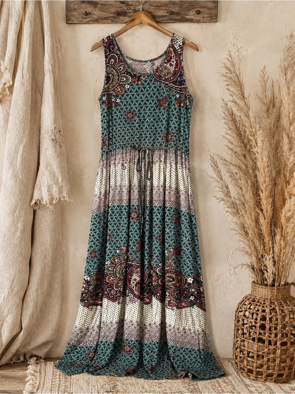 Christine V Multi Print Maxi‎ Dress Women’s Large Boho Summer Casual Vacation